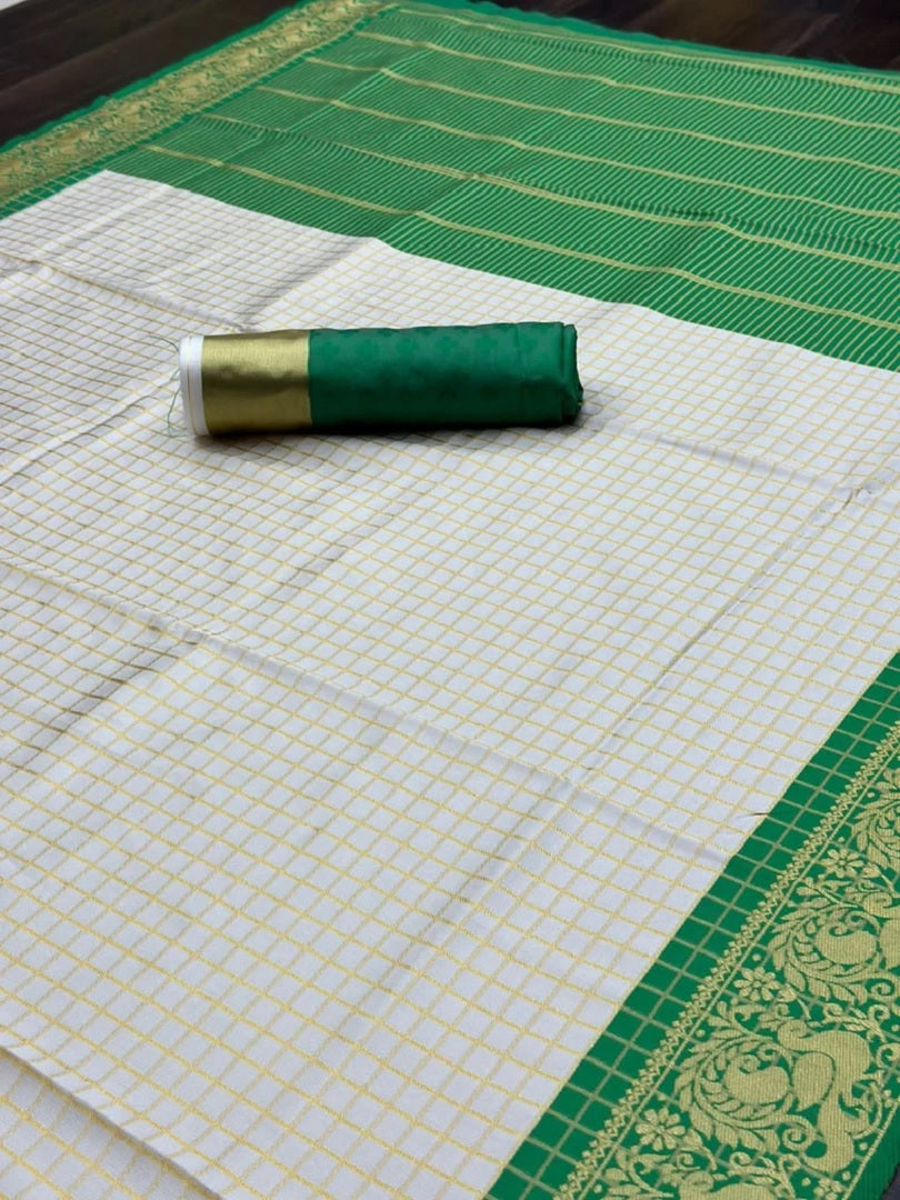 Green & White Ethnic Chexs Lichi Silk Blend Banarasi Saree image 6