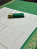 Green & White Ethnic Chexs Lichi Silk Blend Banarasi Saree image 6