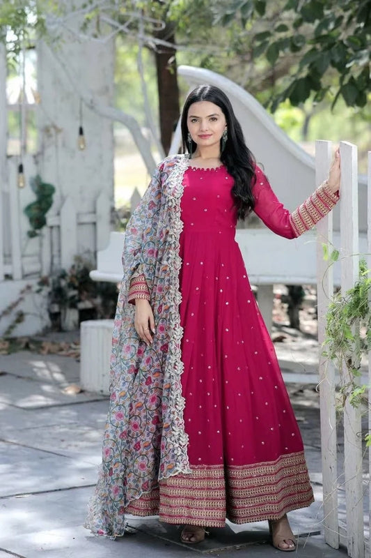 Faux Blooming With Embroidery Zari Sequence Work Long Top Dresses With Dupatta image 1