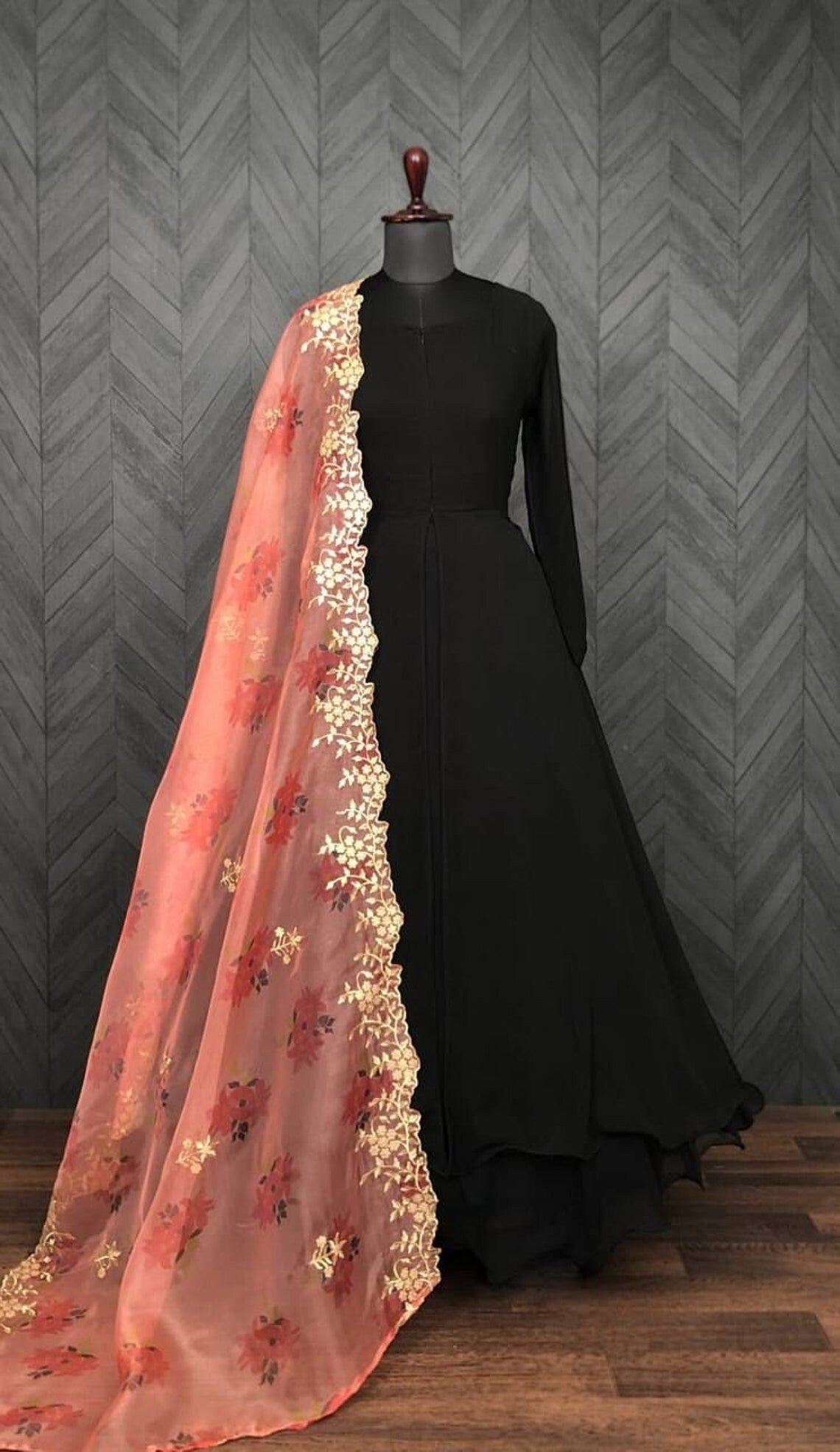 Black Faux Blooming Long Gown Dress With Dupatta image 2