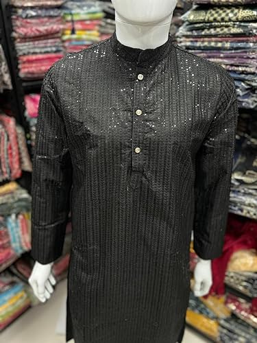 Black Banglori Silk Embroidery sequence work Men's Kurta Pajama image 4