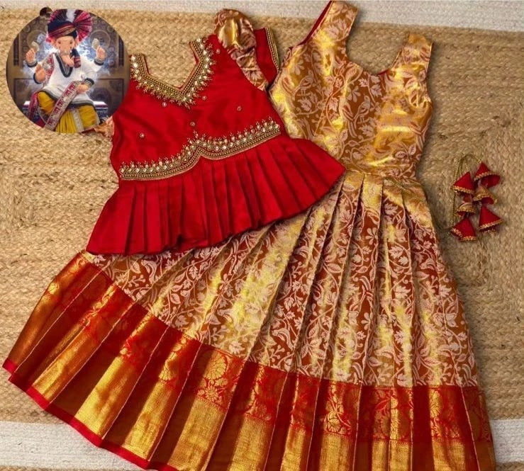 Kid's & Girls Kanjivaram Weaving Silk Traditional Wear Gown image 2