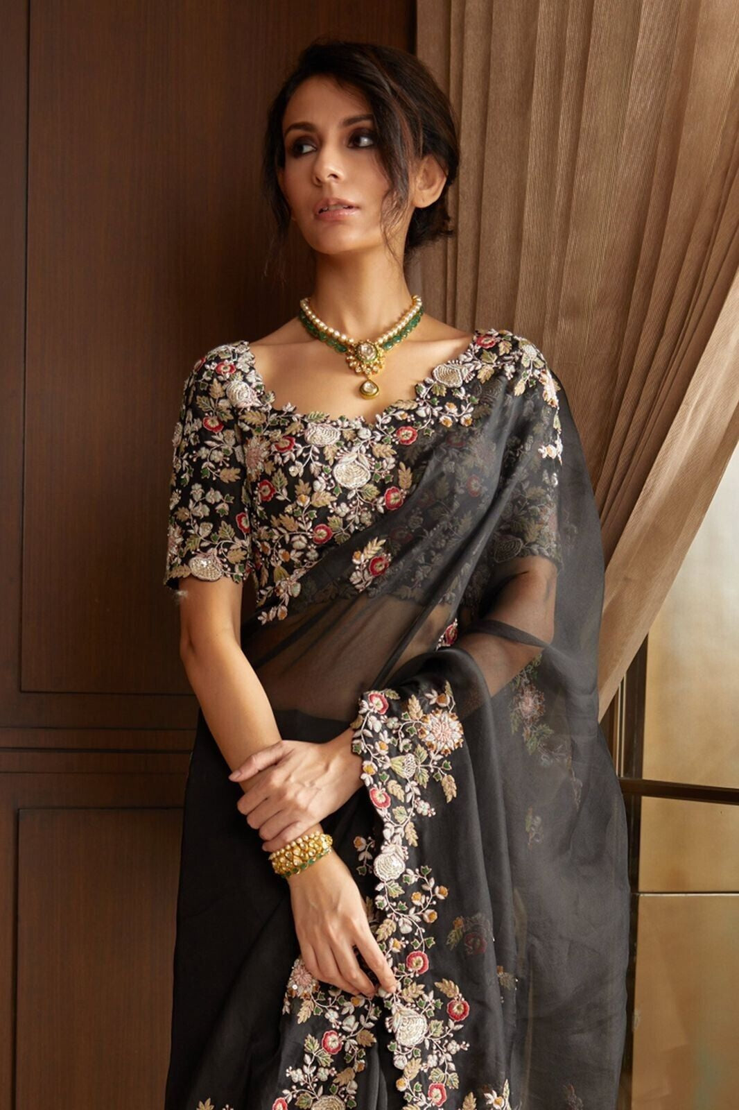 Black Georgette Embroidery Work Saree image 2