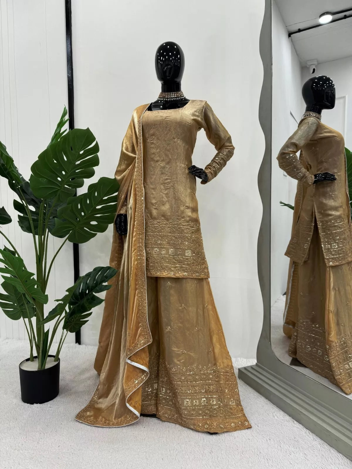 Fancy Satin With Sequence Work Top Palazzo & Dupatta image 2