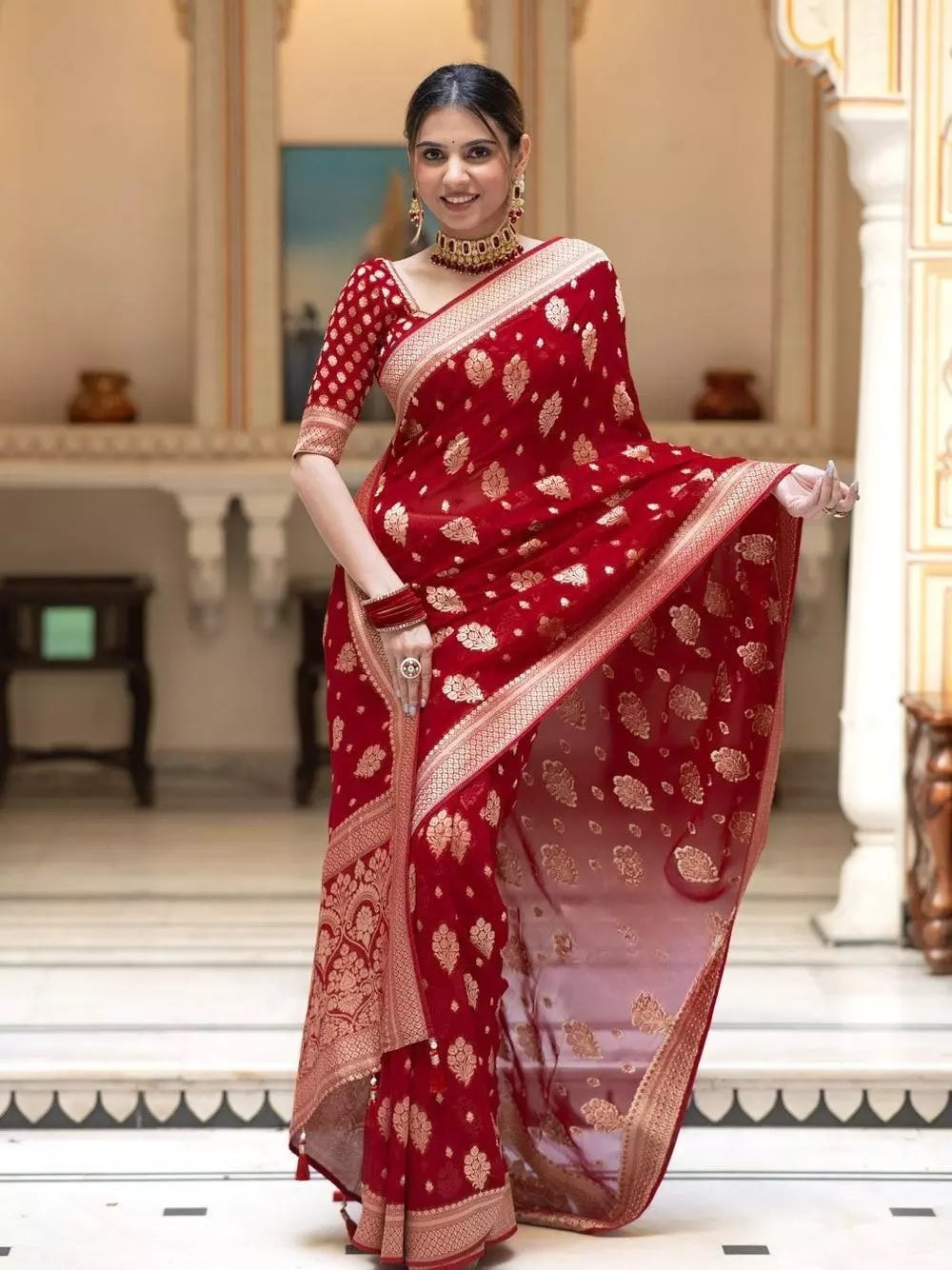 Red  Banarasi Soft Silk Saree With  Unstitched Blouse image 2