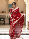 Red  Banarasi Soft Silk Saree With  Unstitched Blouse image 2