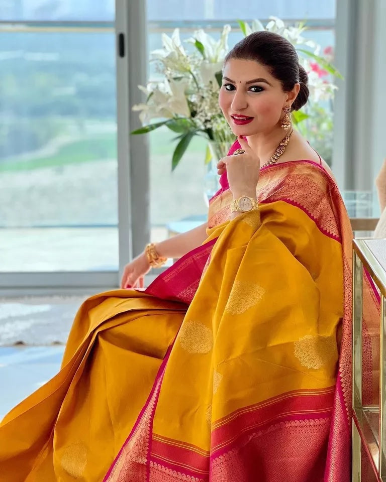 Yellow Soft Lichi Silk Jacquard Work  Saree image 2