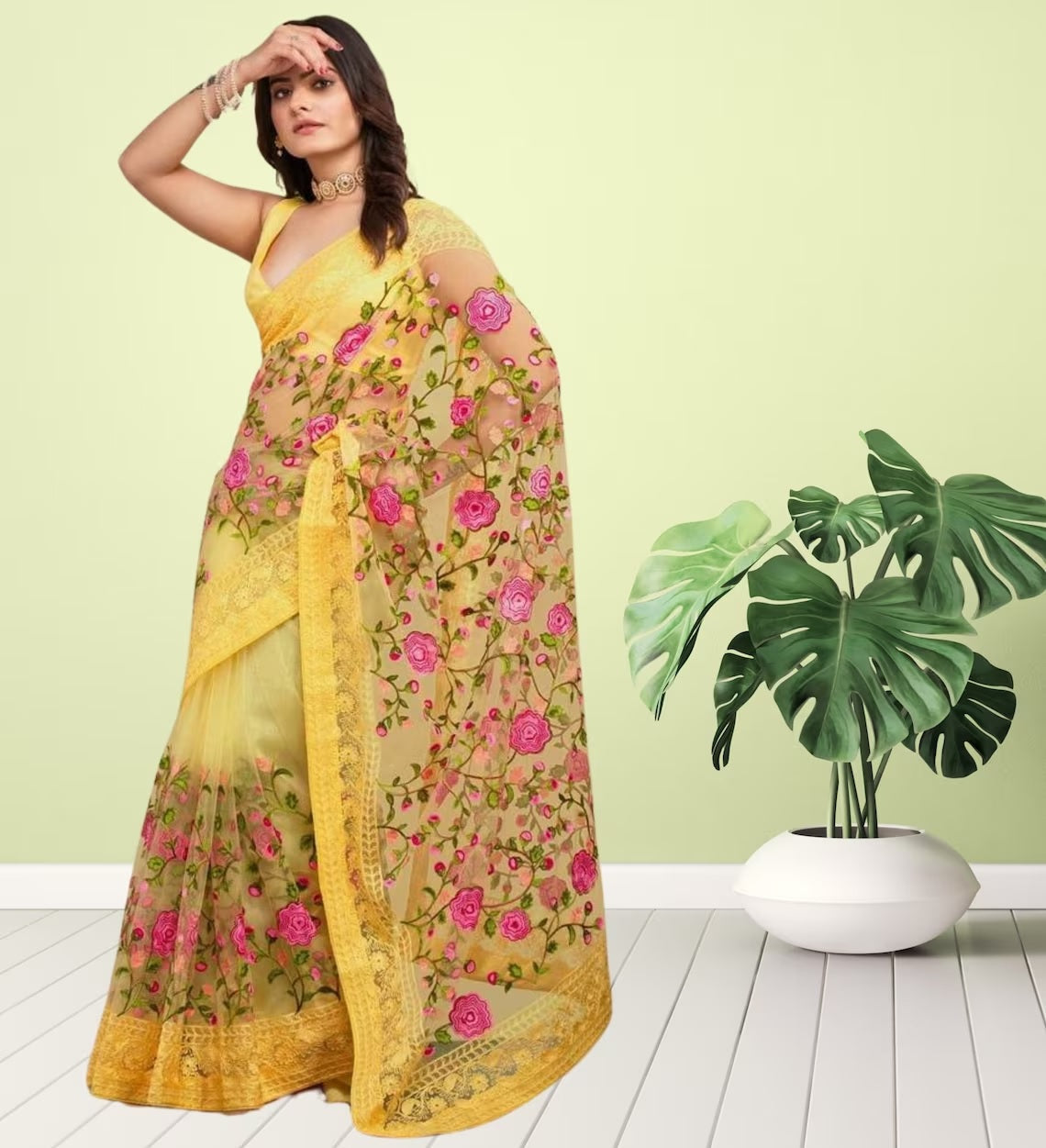 Soft Net Chikankari Embroidery Design Saree With Blouse image 2