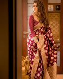 Maroon Soft Lichi Silk Saree With Unstitched Blouse image 2