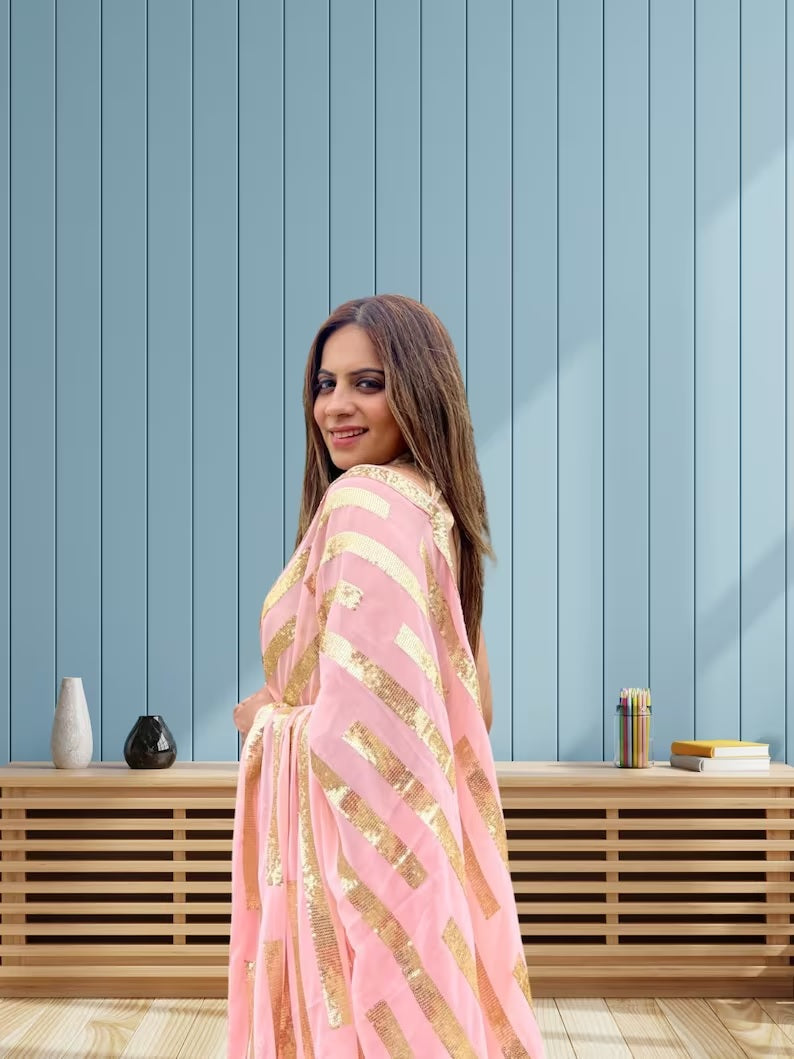 Women Georgette & Embroidery Sequence Work Saree With Blouse image 2