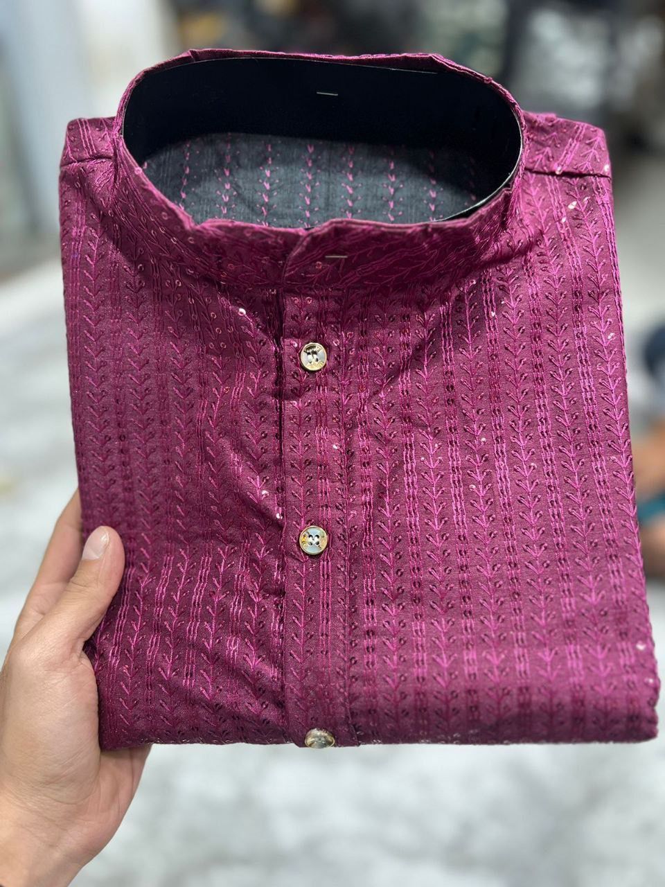 Wine Banglori Silk Embroidery sequence work Men's Kurta image 3