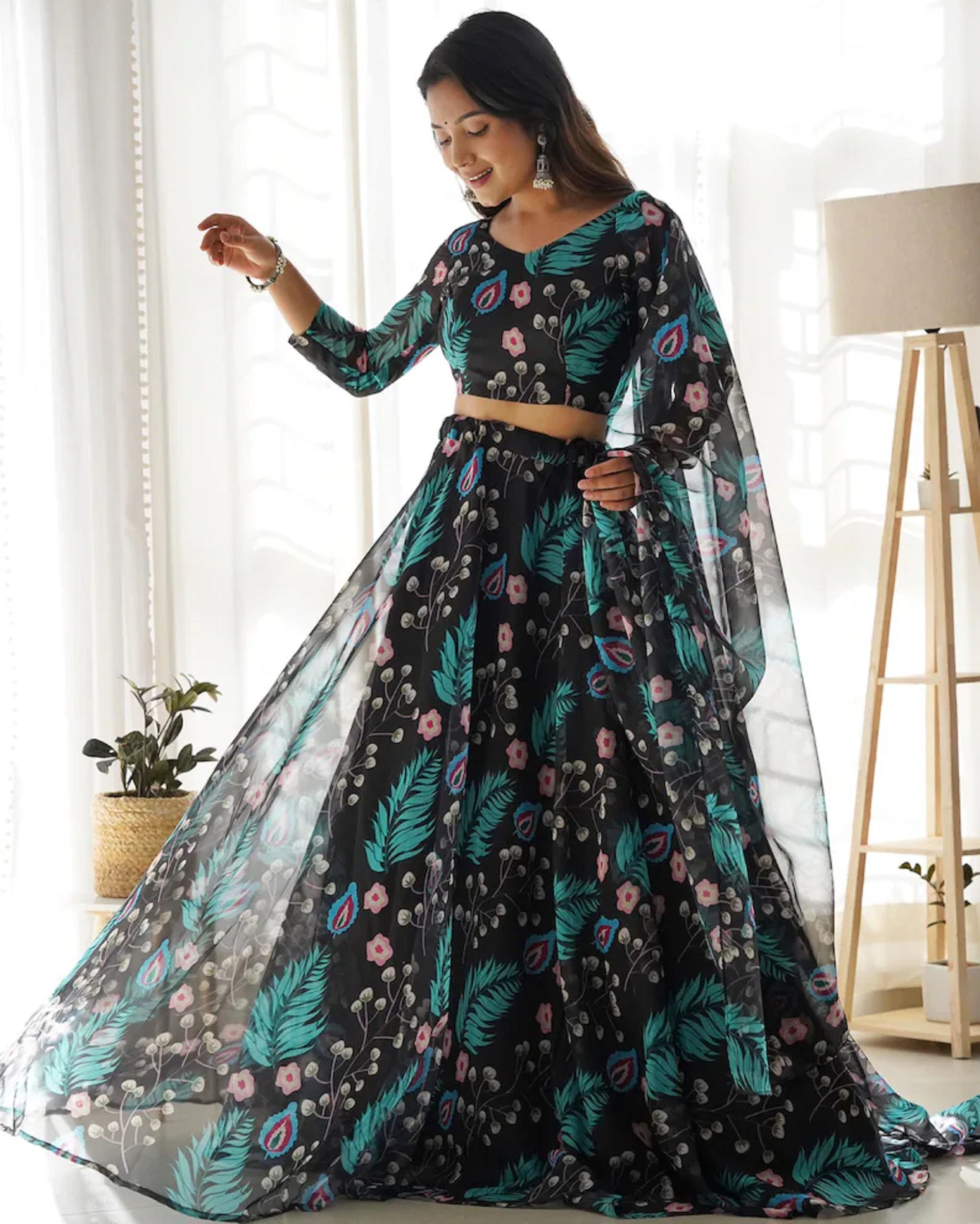 Women's Net Digital Print Lehenga Choli Indian Semi Stitched Lengha Choli 15-QRC13 image 2