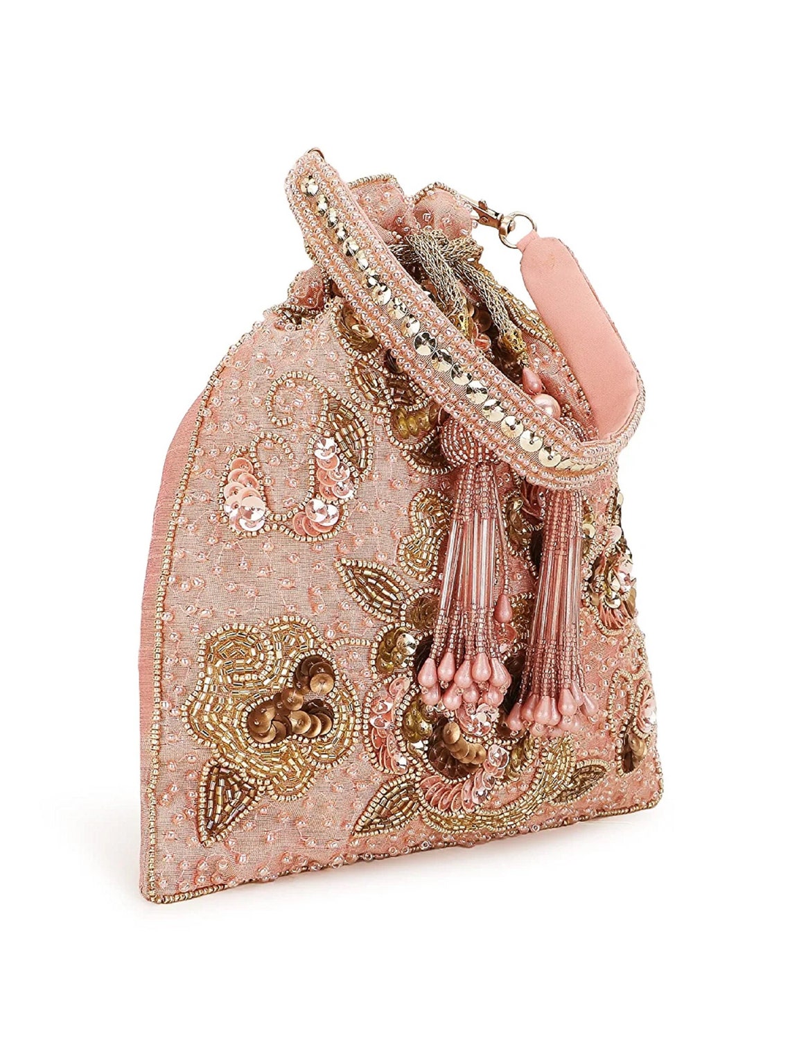 Dusky Pink & Gold Floral Embellished Faux Silk Potli Bag image 2
