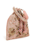 Dusky Pink & Gold Floral Embellished Faux Silk Potli Bag image 2