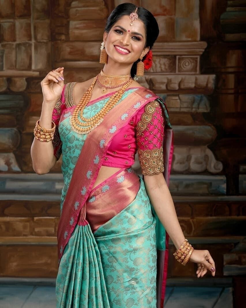 Soft Lichi Silk Beautiful Wedding Saree, Indian Party Wear Ethnic Sari For Women image 2