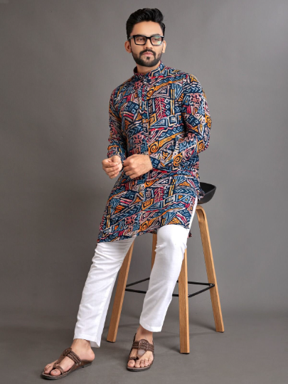 Navy Blue Men's Premium Soft Cotton Foil Print Kurta image 2