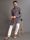 Navy Blue Men's Premium Soft Cotton Foil Print Kurta image 2