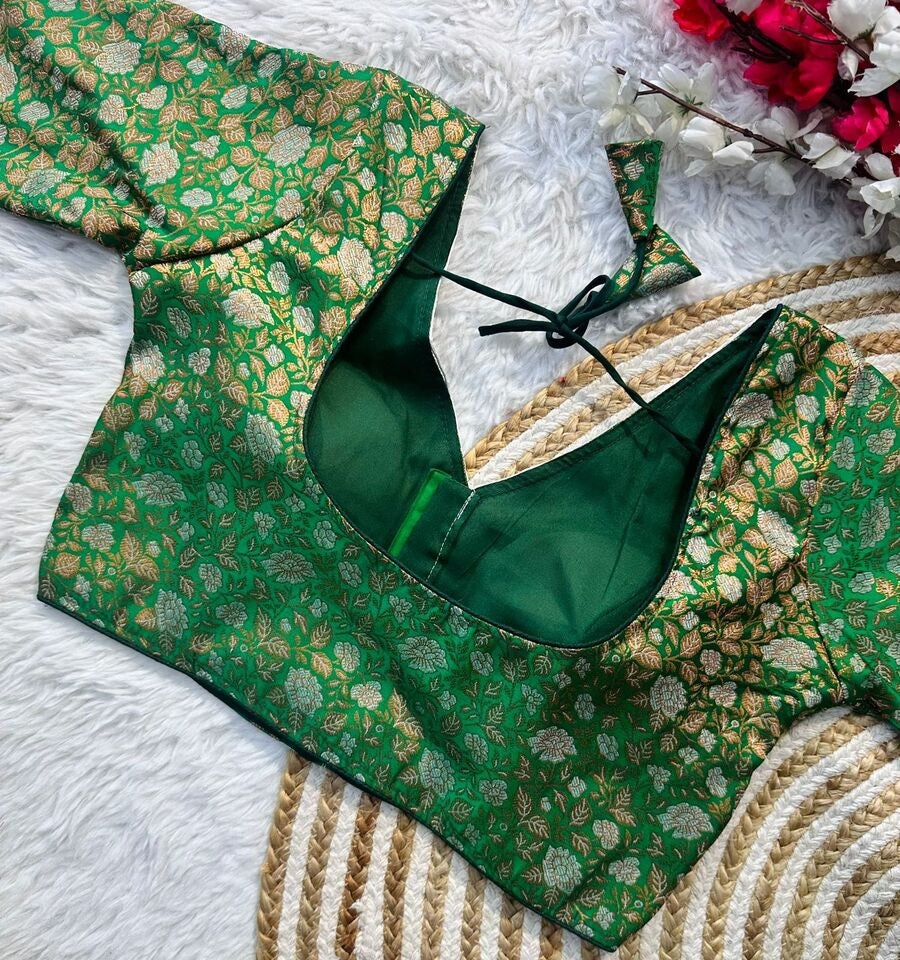 Banaras Silk Blouse Golden And Silver Jari Blouse, Ready Made Blouse image 2