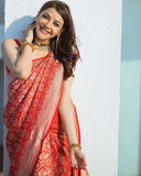 Red Soft Kanjivaram Banarsi Silk Saree With Blouse image 2