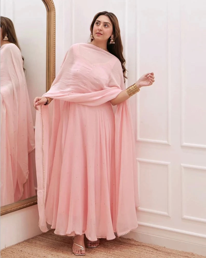 Peach Georgette & Sequence Work Gown Dresses With Dupatta image 2