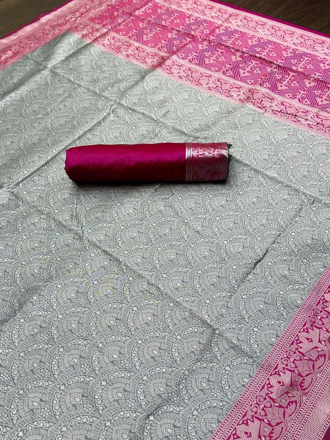 Soft Lichi Silk & Jacquard Waving Work Sarees With Blouse image 2