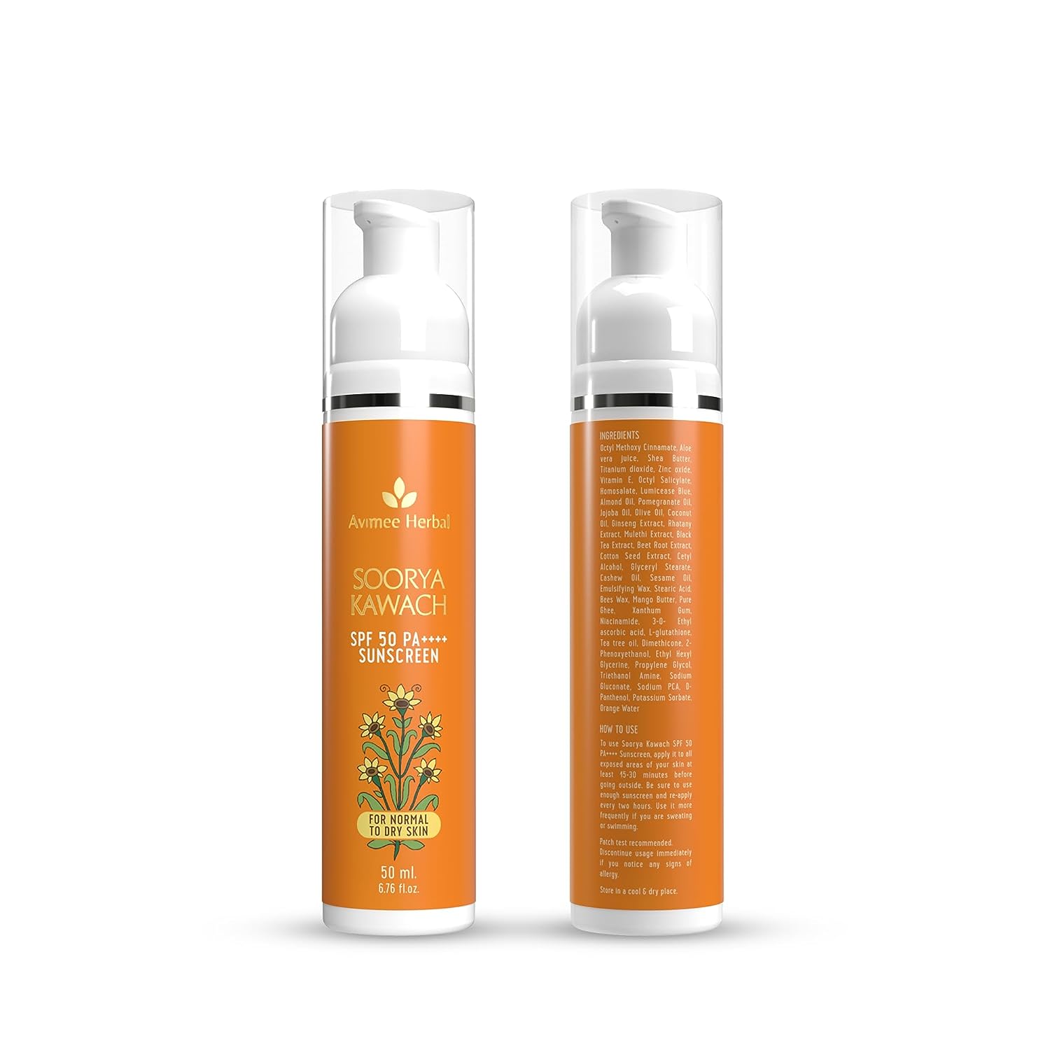Avimee Herbal Soorya Kawach Sunscreen SPF 50 PA++++ No White Cast, Non Greasy, Light Weight 50 ML image 2