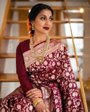 Maroon Soft Lichi Silk & Jacquard Work Saree With Blouse image 3