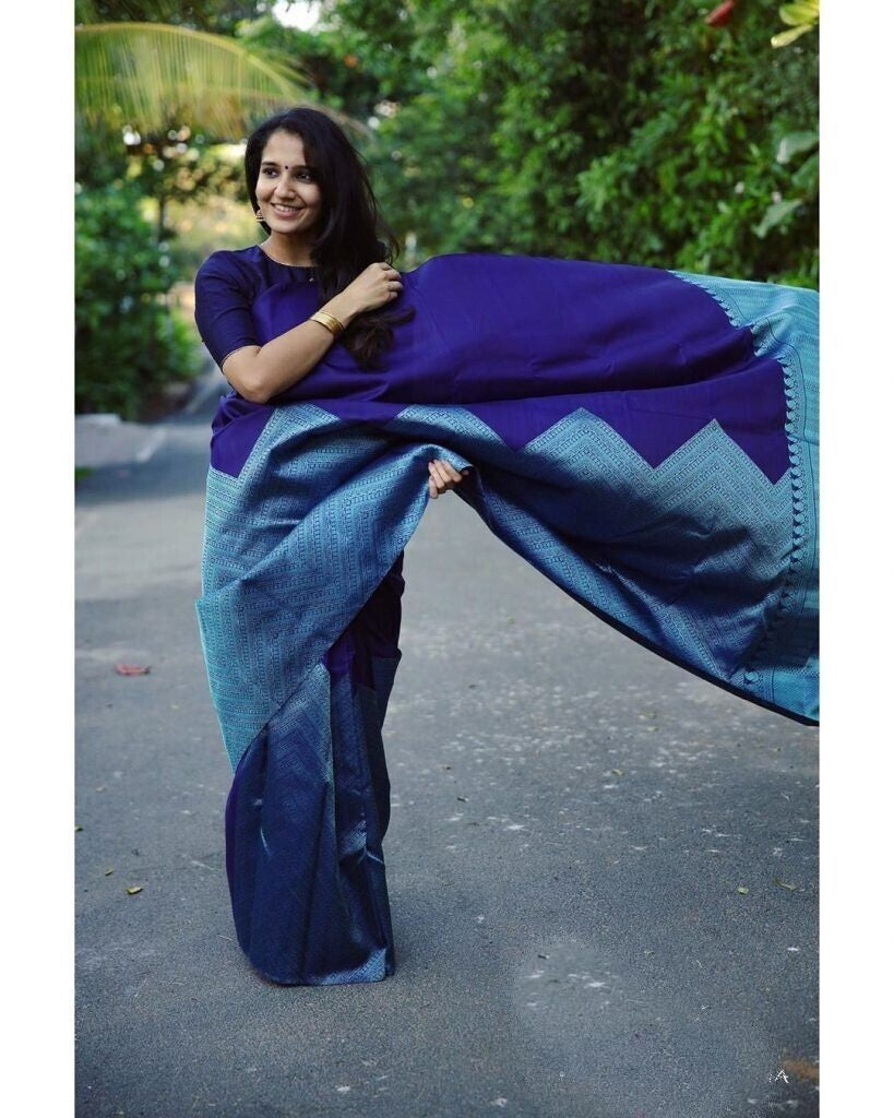 Blue Soft Lichi Silk Saree Heavy Sari image 2