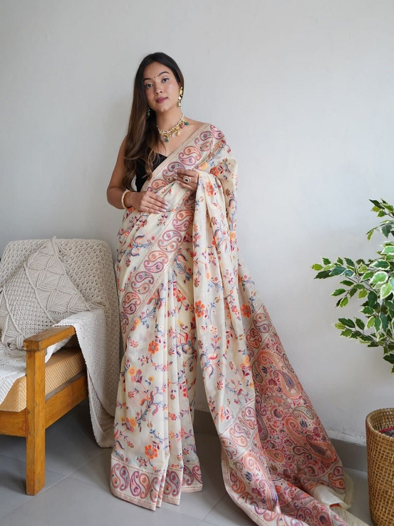 Off White Kashmiri Thread Weaving Pure Zari Work Saree image 1