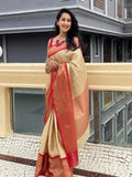 Soft Lichi Silk Jacquard Weaving With Gold Zari Weaving Work Saree image 3