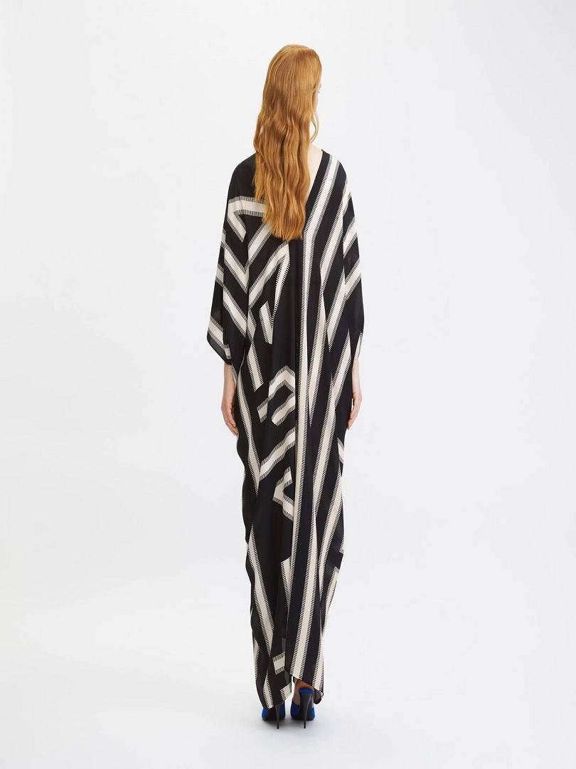 V-Neck Belt Style Printed Long French Moss Kaftan Dress J5790 image 2