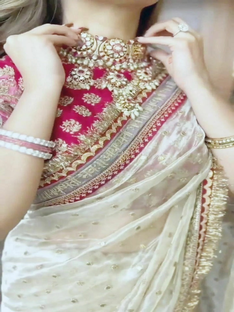 White Khadi Organza Silk Embroidery Thread Sequence Work Saree image 3
