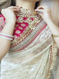 White Khadi Organza Silk Embroidery Thread Sequence Work Saree image 3