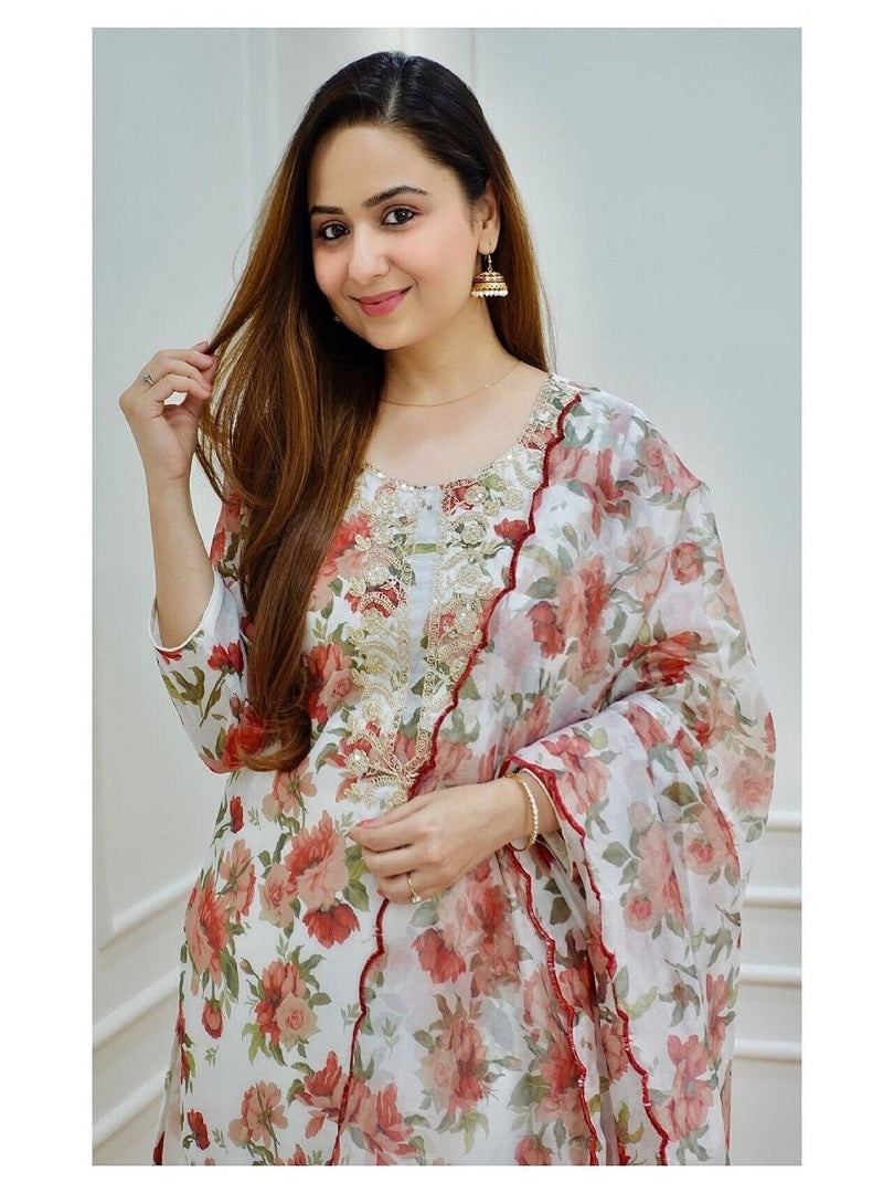 Multi Color Flower Printed Dress For Women & Girls Wear Top Bottom Dupatta Shalwar Suit AK image 3