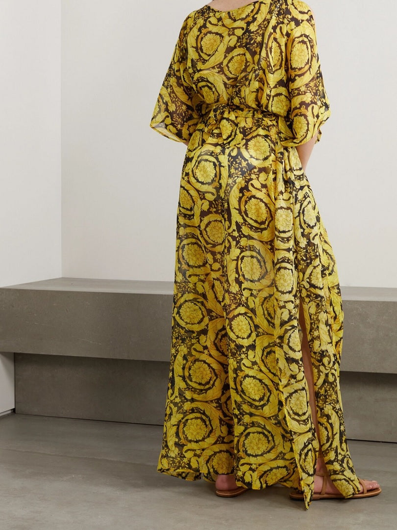 Floral Black Gold Women Georgette Printed Long Kaftan Dress J5764 image 2