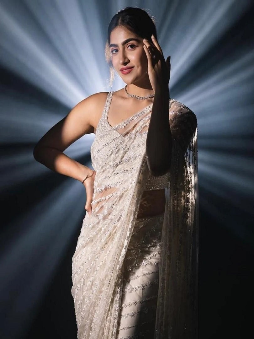 White Color Mono Net  Saree With Sequence Work Blouse image 3