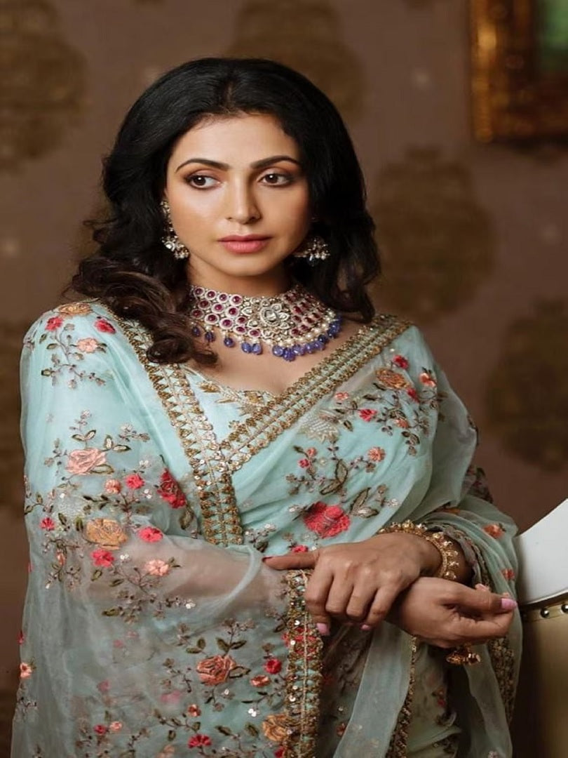 Sky Blue Color Khadi Organza With Floral And Sequence Work Saree image 4