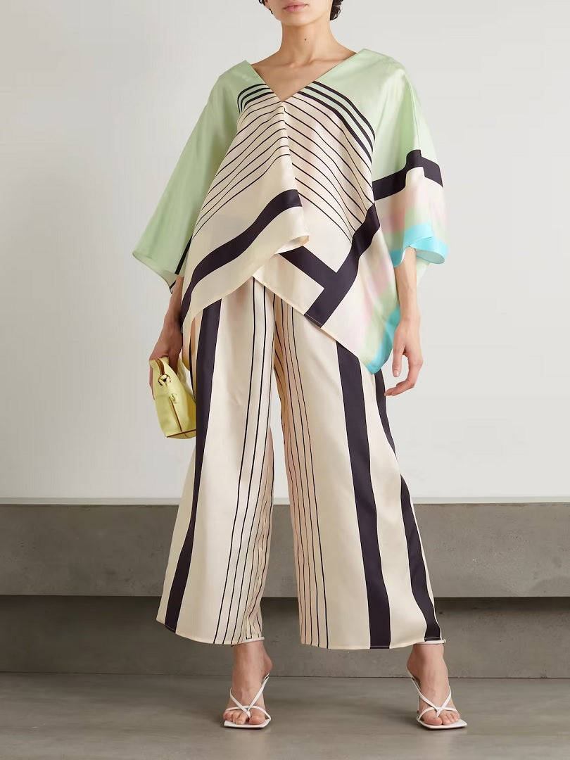 V-Neck Style Stripped Printed Satin Silk Co-ord Sets Kaftan + Pant For Women J5637 image 5