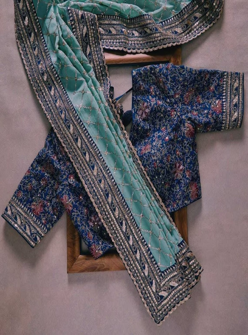 Sky Blue Georgette Embroidery Zari Work Saree image 3