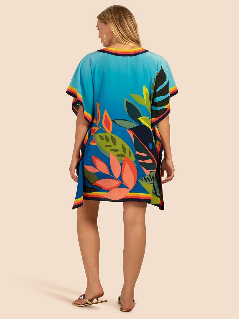 Beautiful Floral Geometric Pattern Holiday Wear Silk Crepe Short Kaftan Dress J5681 image 2