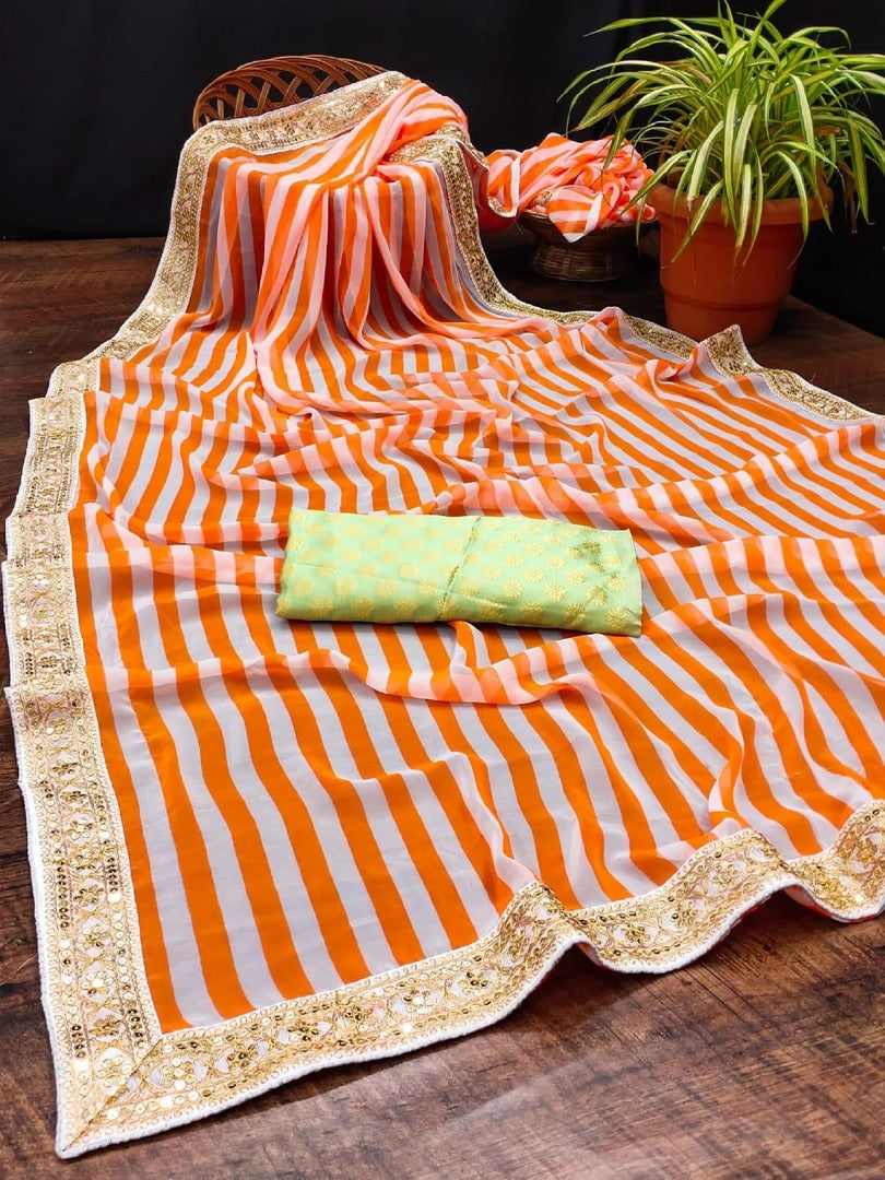 Orange & White Printed Georgette Saree image 2