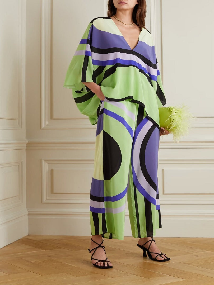V-Neck Style Circular Printed Silk Crepe Co-ord Sets For Women And Girl's J5693 image 1