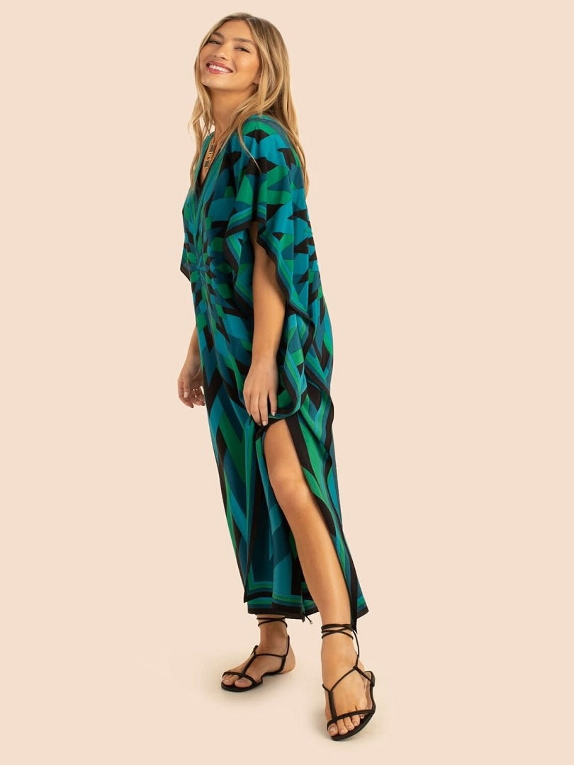 V Neck Printed Lounge Wear Soft Silk Crepe Kaftan J5765 image 4