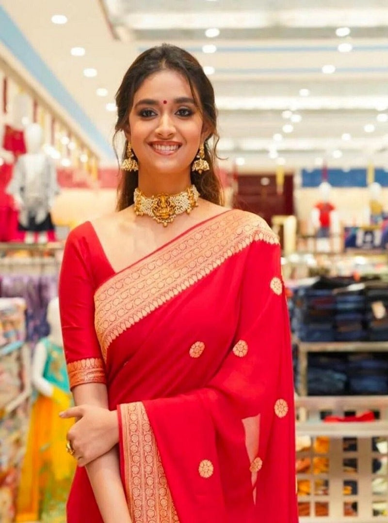 Red Soft Lichi Silk Saree And Blouse Wedding Wear Latest Sari Collection image 3