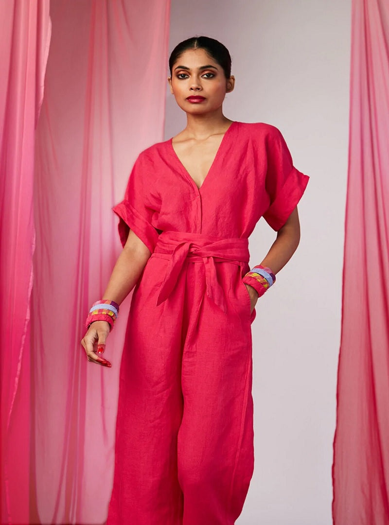 Hot Pink Linen Jumpsuit For Women image 3