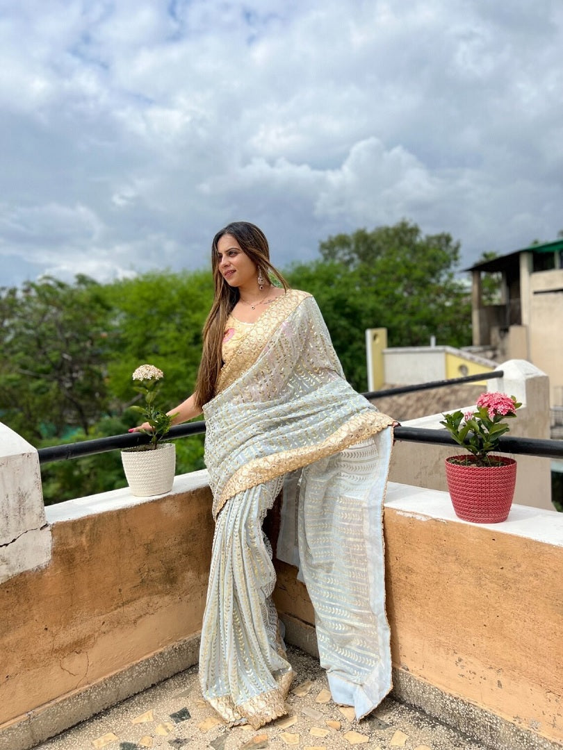 Sky Blue Georgette Embroidery Sequence Work Saree image 1