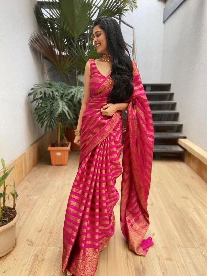 Pink Soft Lichi Silk Jacquard Work With Gold Zari Weaving Saree image 3