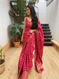 Pink Soft Lichi Silk Jacquard Work With Gold Zari Weaving Saree image 3