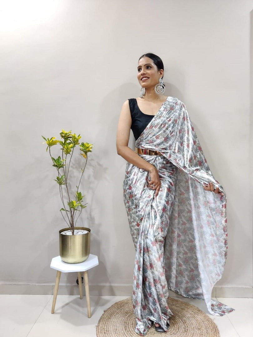 Imported Lycra Silk Ready To Wear Saree With Metal Belt image 3