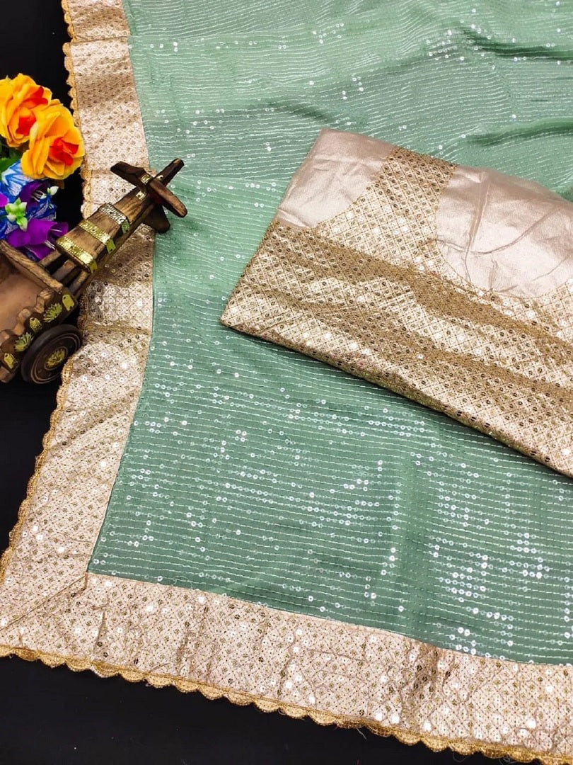 Georgette Embroidery Sequence Work With Sequence Cut Work Lace Saree image 5